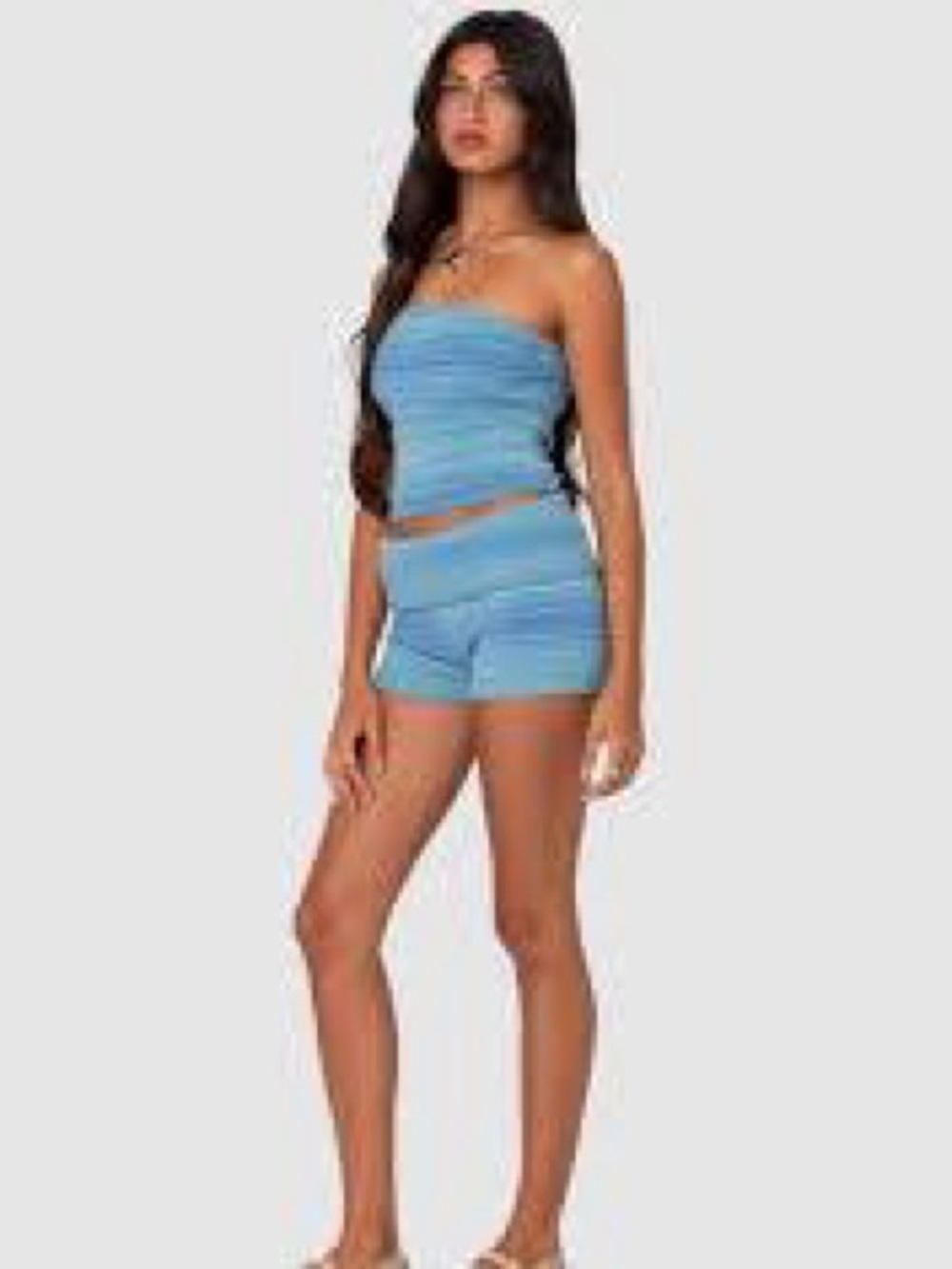 Edikted Light Blue Ribbed Tube Top & Bike Shorts Set